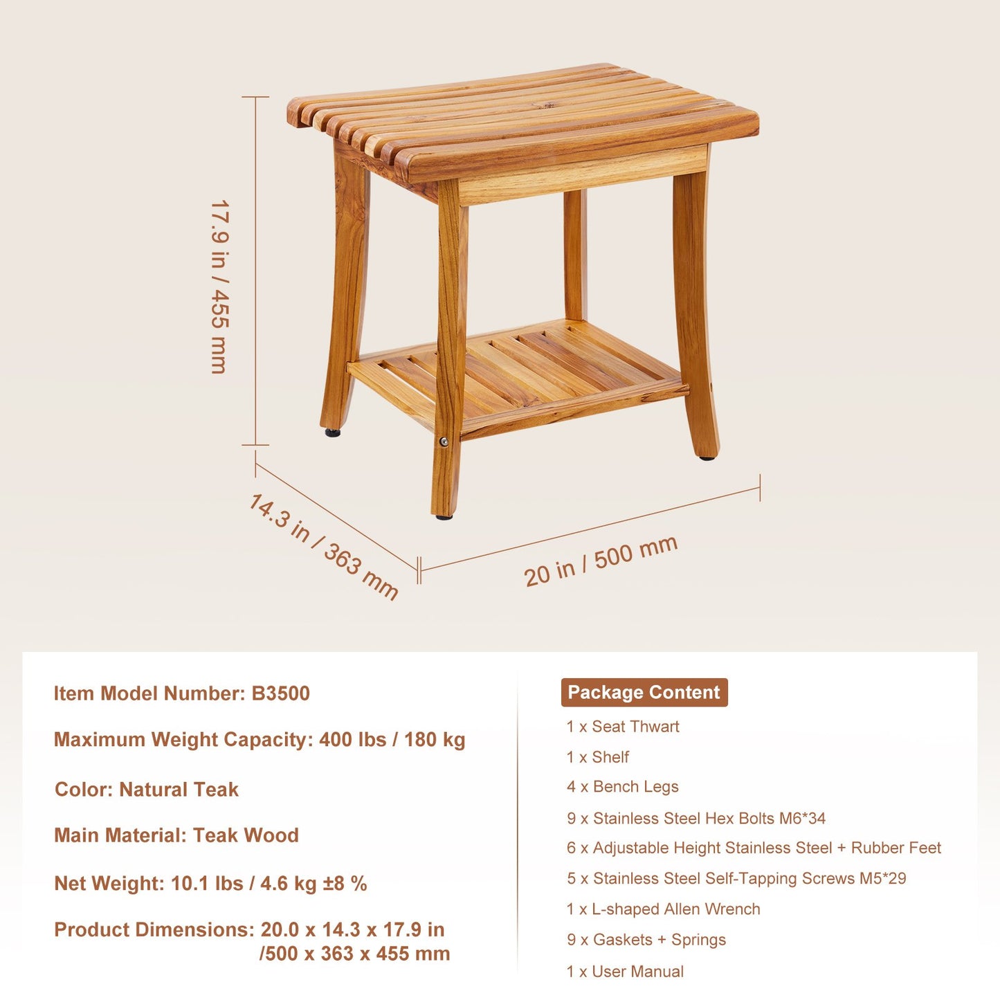 Duschbänk i teak, 20 x 14,3 x 17,9 tum, vattentät duschpall i trä med förvaringshylla, halkfria fotplattor, 180 kg maximal lastkapacitet, duschstol, för inomhus- och utomhusbruk i badrummet