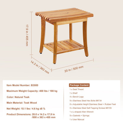 Duschbänk i teak, 20 x 14,3 x 17,9 tum, vattentät duschpall i trä med förvaringshylla, halkfria fotplattor, 180 kg maximal lastkapacitet, duschstol, för inomhus- och utomhusbruk i badrummet