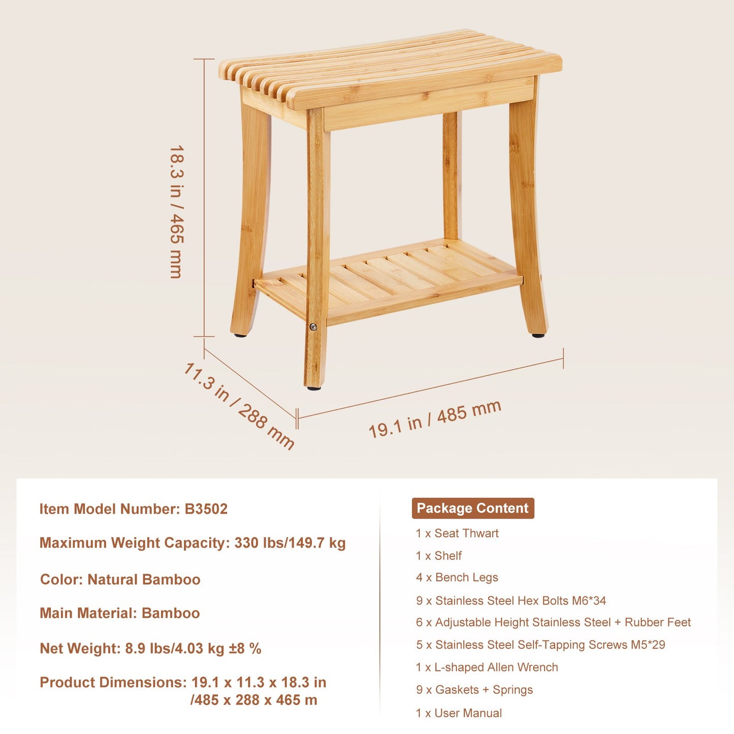 Duschbänk i bambu 48,5 x 28,7 x 46,5 cm duschpall för badrum