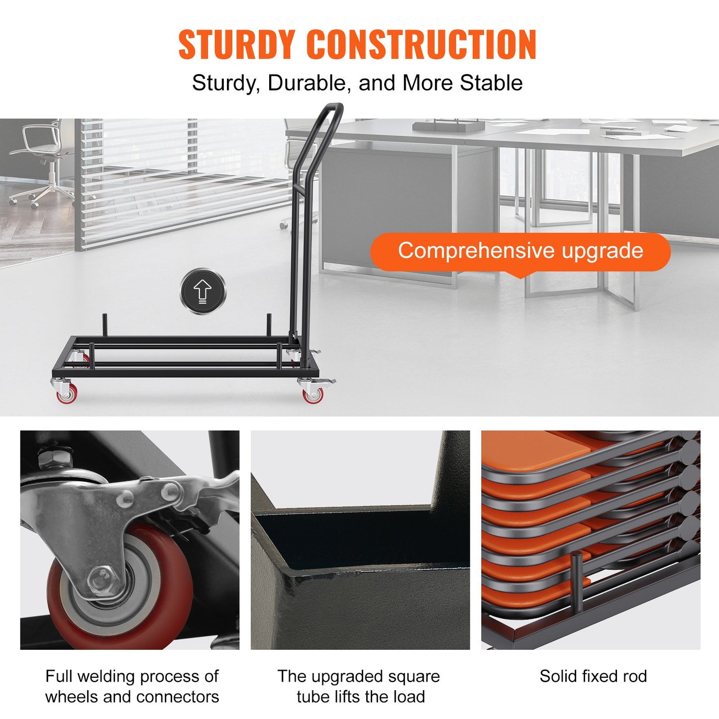 Hopfällbar stolsvagn, kommersiell järnvagn med kapacitet på 12 stolar, hopfällbar stolsvagn med 4 hjul, förvaringstransportvagn för platt stapling av plast- och trästolar, svart