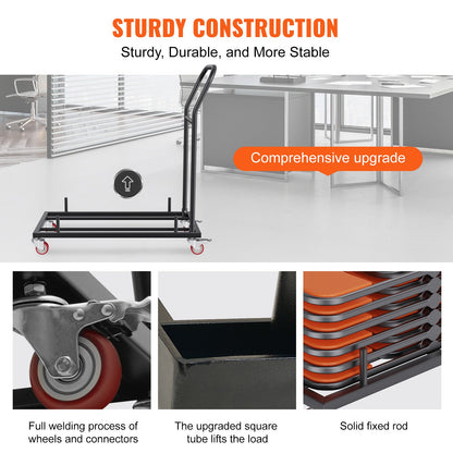 Hopfällbar stolsvagn, kommersiell järnvagn med kapacitet på 12 stolar, hopfällbar stolsvagn med 4 hjul, förvaringstransportvagn för platt stapling av plast- och trästolar, svart