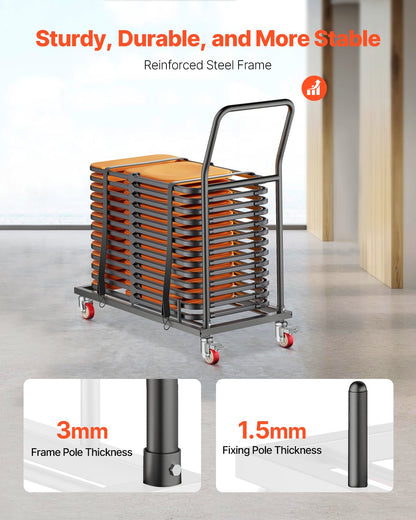 Hopfällbar stolsställning, kapacitet 147 kg, L-formad horisontell stolsvagn för 25 stolar, kraftig metallstolsvagn med gummihjul och hållare, stor stolshållare, mattsvart