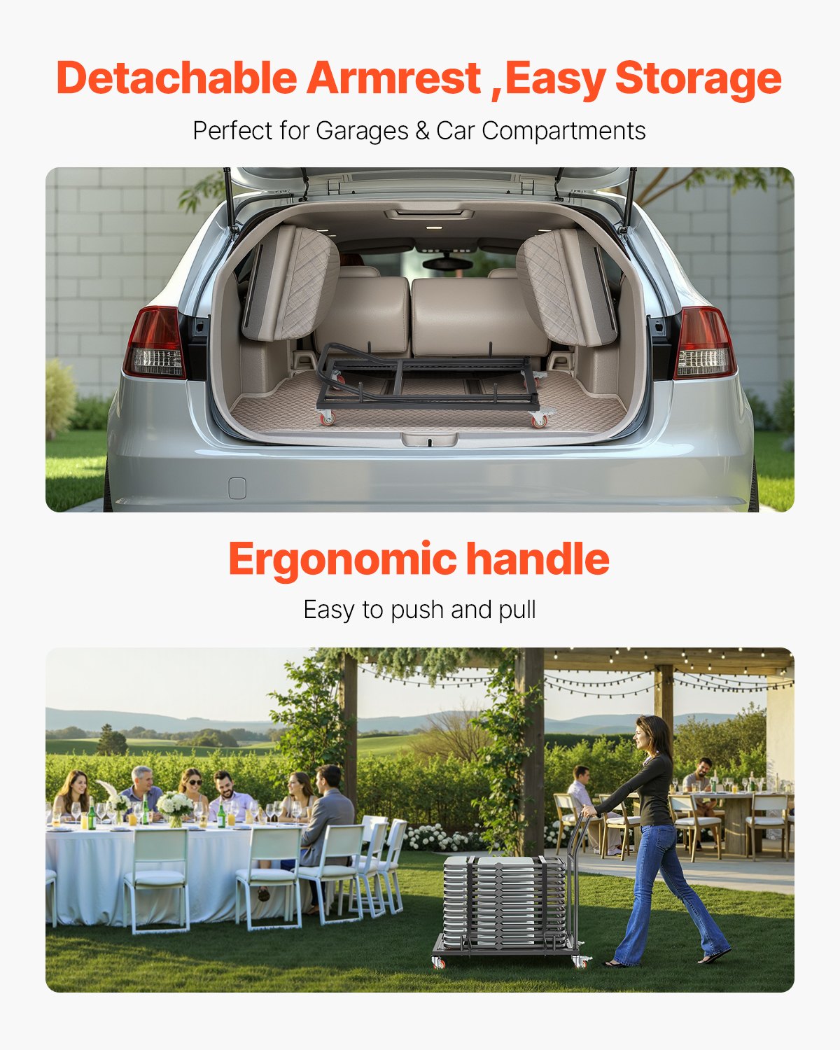 Hopfällbar stolsställning, kapacitet 147 kg, L-formad horisontell stolsvagn för 25 stolar, kraftig metallstolsvagn med gummihjul och hållare, stor stolshållare, mattsvart