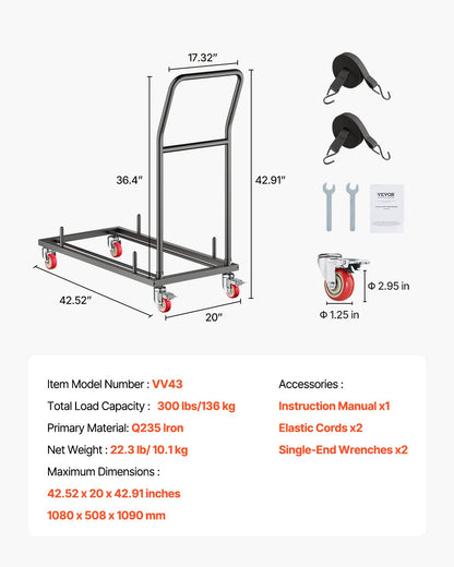 Hopfällbar stolsställning, kapacitet 147 kg, L-formad horisontell stolsvagn för 25 stolar, kraftig metallstolsvagn med gummihjul och hållare, stor stolshållare, mattsvart