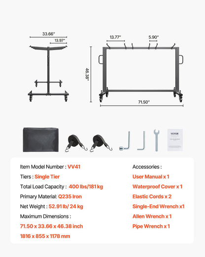 Hopfällbar stolshylla, kapacitet 180 kg, kraftig stolsvagn för 42 stolar eller 12 bord, multifunktionell stolsförvaringsvagn med gummihjul och hållare, stor stolshållare, mattsvart