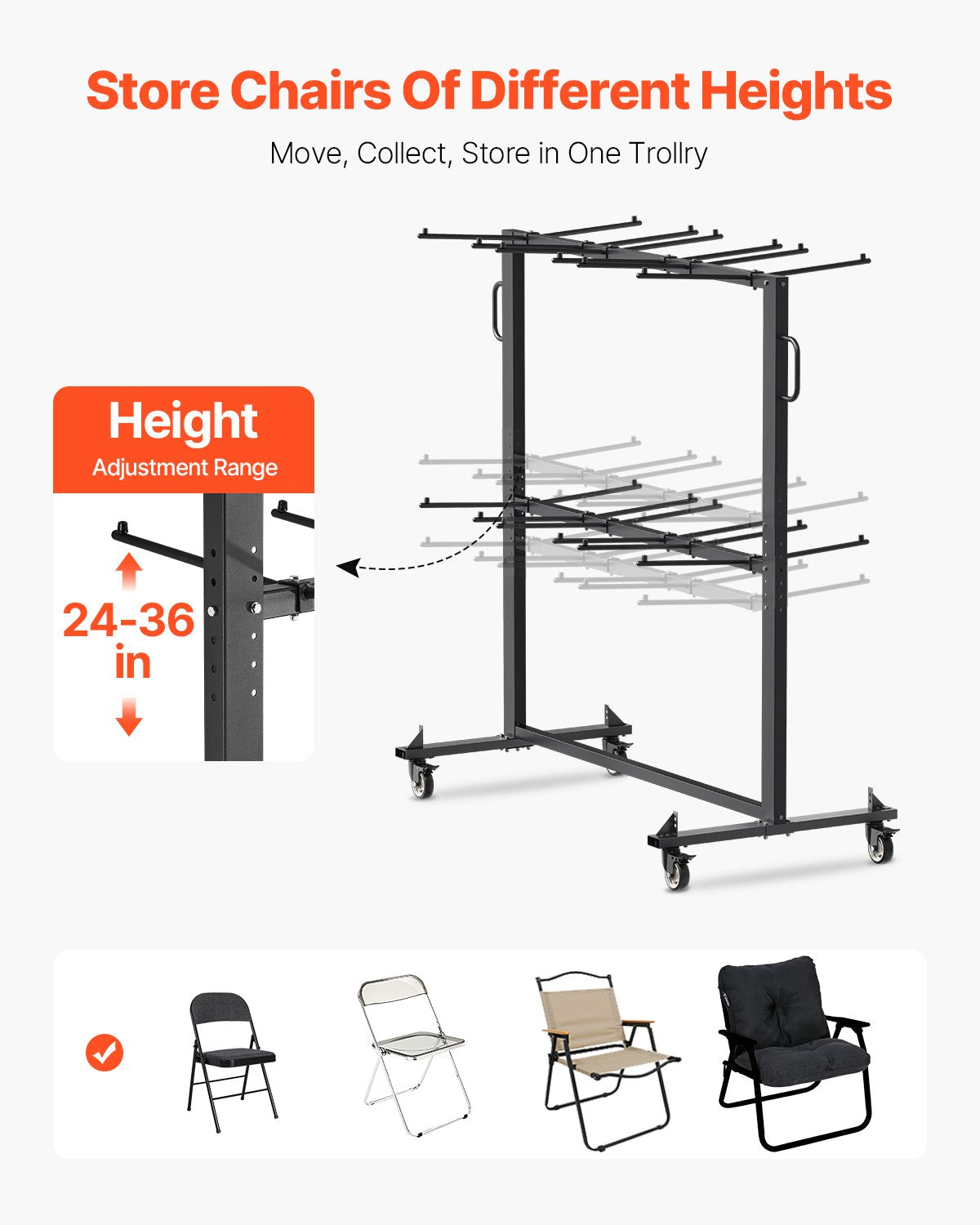 Hopfällbar stolsställ, kapacitet 360 kg, kraftig stolsvagn för 84 stolar/12 bord + 42 stolar, dubbellagers stolsförvaringsvagn med gummihjul och hållare, stor stolshållare, mattsvart