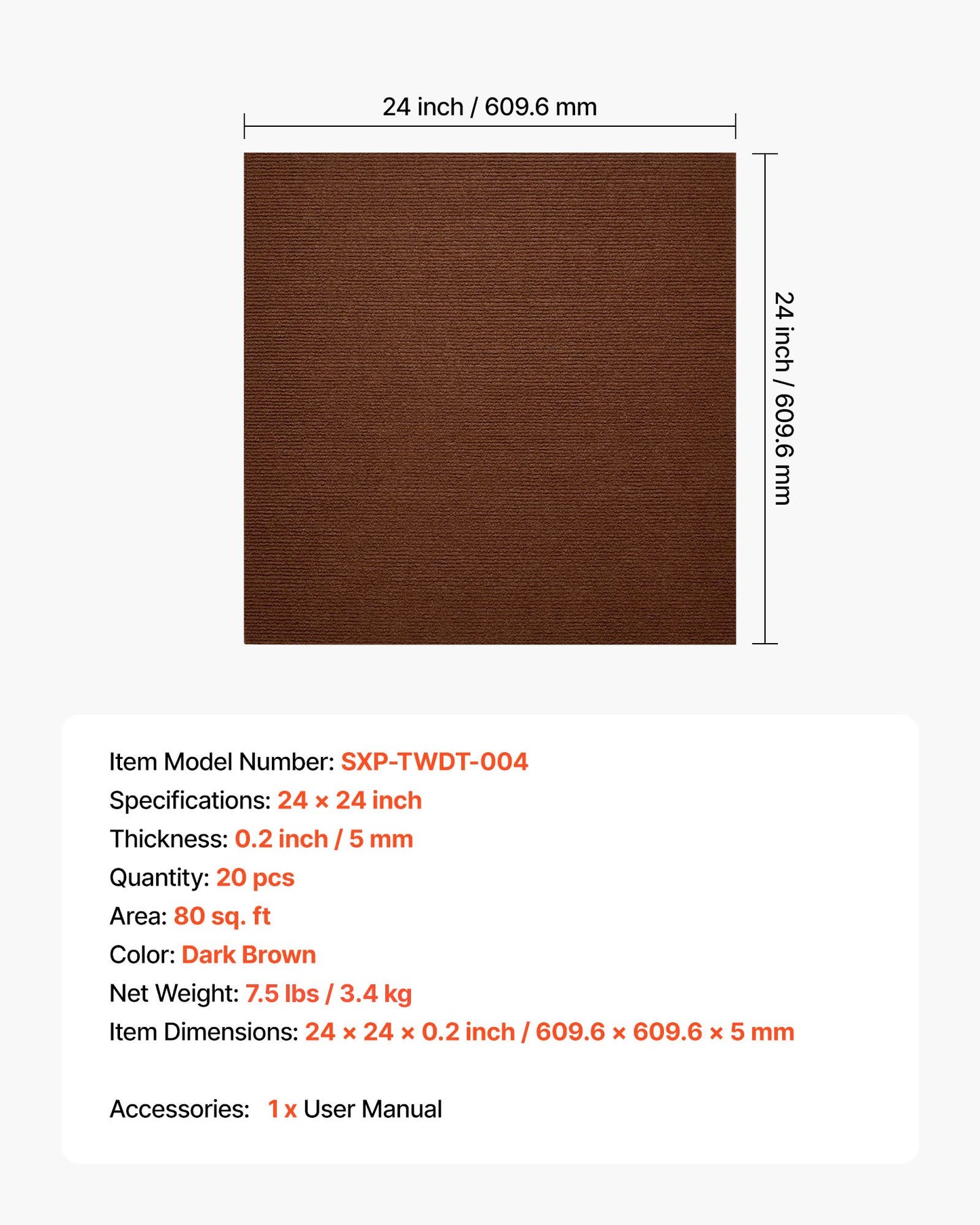 Mattplattor 610x610 mm, 20 st. självhäftande fyrkantiga mattor, självhäftande, mjukt vadderat för kommersiellt golv för sömlöst överdrag 7,4㎡, enkel gör-det-själv-ersättning för vardagsrums- och kontorsrum, mörkbrun