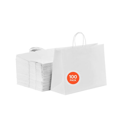 Kraftpapperskassar med handtag, 100 st 16 x 6 x 12 tum, stora papperspåsar för mataffärer, återanvändbara och återvunna avhämtningskassar, enkla partypåsar i bulk för födelsedagar, bröllop, företag, godis, vita
