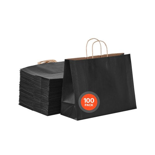 Kraftpapperskassar med handtag, 100 st 16 x 6 x 12 tum, stora papperspåsar för mataffärer, återanvändbara och 100 % återvunna avhämtningskassar, enkla partypåsar i bulk för födelsedagar, bröllop, företag, godis, svarta