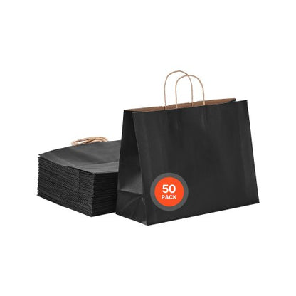 Kraftpapperskassar med handtag, 50 st 16 x 6 x 12 tum, stora papperspåsar för mataffärer, återanvändbara och återvunna avhämtningskassar, enkla partypåsar i bulk för födelsedagar, bröllop, företag, godis, svarta
