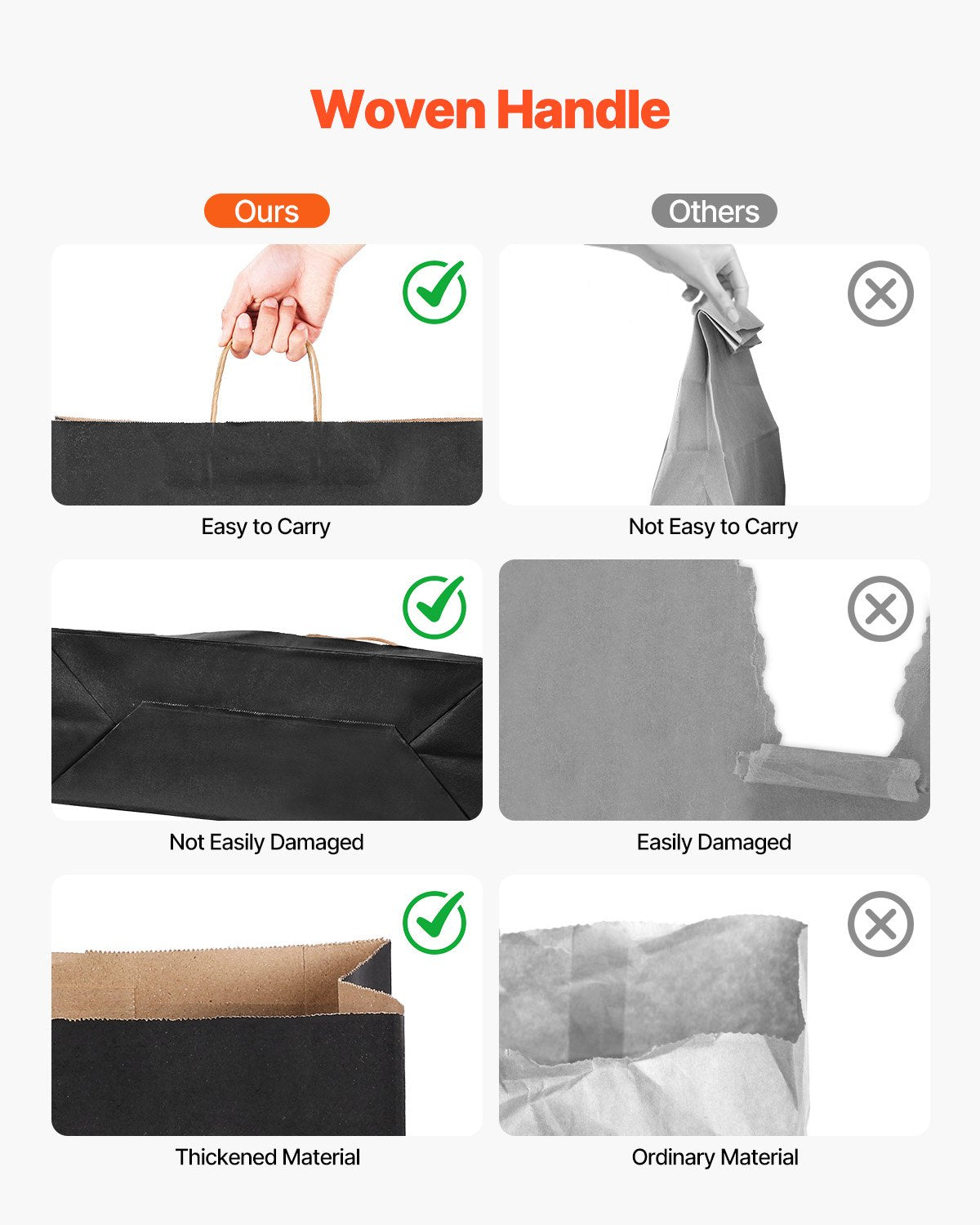 Kraftpapperskassar med handtag, 50 st 16 x 6 x 12 tum, stora papperspåsar för mataffärer, återanvändbara och återvunna avhämtningskassar, enkla partypåsar i bulk för födelsedagar, bröllop, företag, godis, svarta