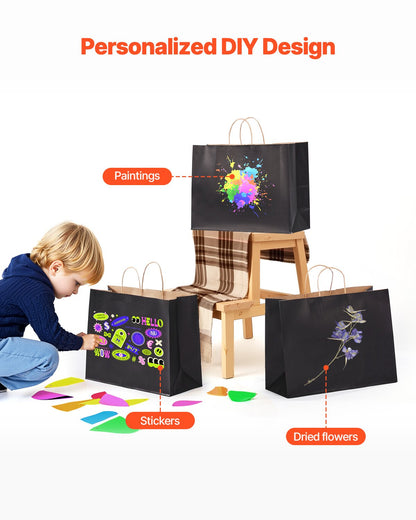 Kraftpapperskassar med handtag, 50 st 16 x 6 x 12 tum, stora papperspåsar för mataffärer, återanvändbara och återvunna avhämtningskassar, enkla partypåsar i bulk för födelsedagar, bröllop, företag, godis, svarta