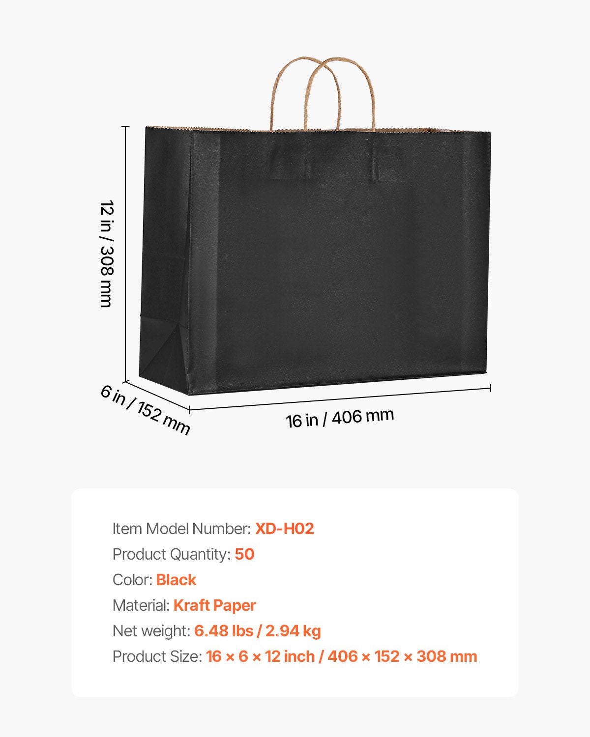 Kraftpapperskassar med handtag, 50 st 16 x 6 x 12 tum, stora papperspåsar för mataffärer, återanvändbara och återvunna avhämtningskassar, enkla partypåsar i bulk för födelsedagar, bröllop, företag, godis, svarta