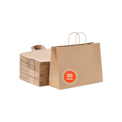 Kraftpapperskassar med handtag, 50 st 16 x 6 x 12 tum, stora papperspåsar för mataffärer, återanvändbara och återvunna bruna avhämtningskassar, enfärgade partypåsar i bulk för födelsedagar, bröllop, företag, godis, hantverk