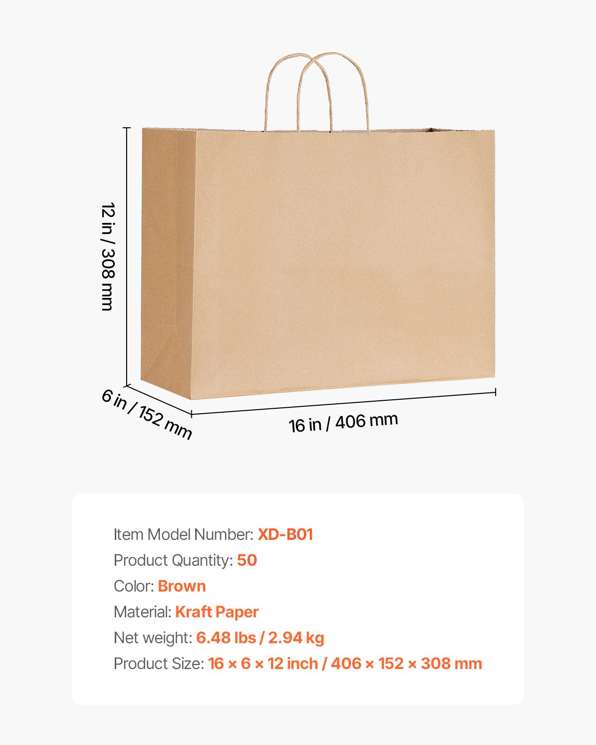 Kraftpapperskassar med handtag, 50 st 16 x 6 x 12 tum, stora papperspåsar för mataffärer, återanvändbara och återvunna bruna avhämtningskassar, enfärgade partypåsar i bulk för födelsedagar, bröllop, företag, godis, hantverk