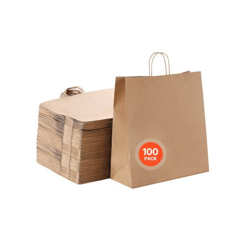 Kraftpapperskassar med handtag, 100 st 18 x 7 x 19 tum, stora papperspåsar för mataffärer, återanvändbara och 100 % återvunna avhämtningskassar, enfärgade partypåsar i bulk för födelsedagar, bröllop, företag, godis, brun