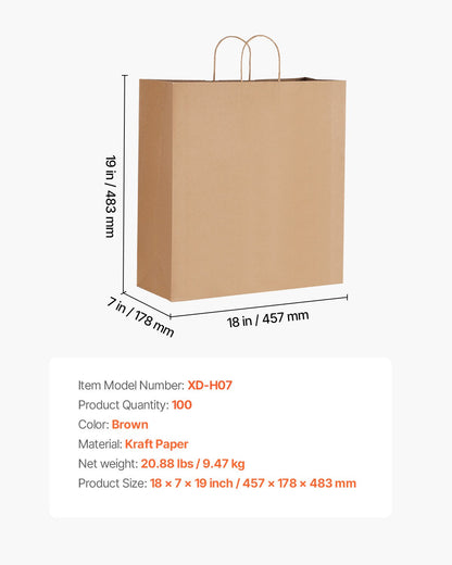Kraftpapperskassar med handtag, 100 st 18 x 7 x 19 tum, stora papperspåsar för mataffärer, återanvändbara och 100 % återvunna avhämtningskassar, enfärgade partypåsar i bulk för födelsedagar, bröllop, företag, godis, brun