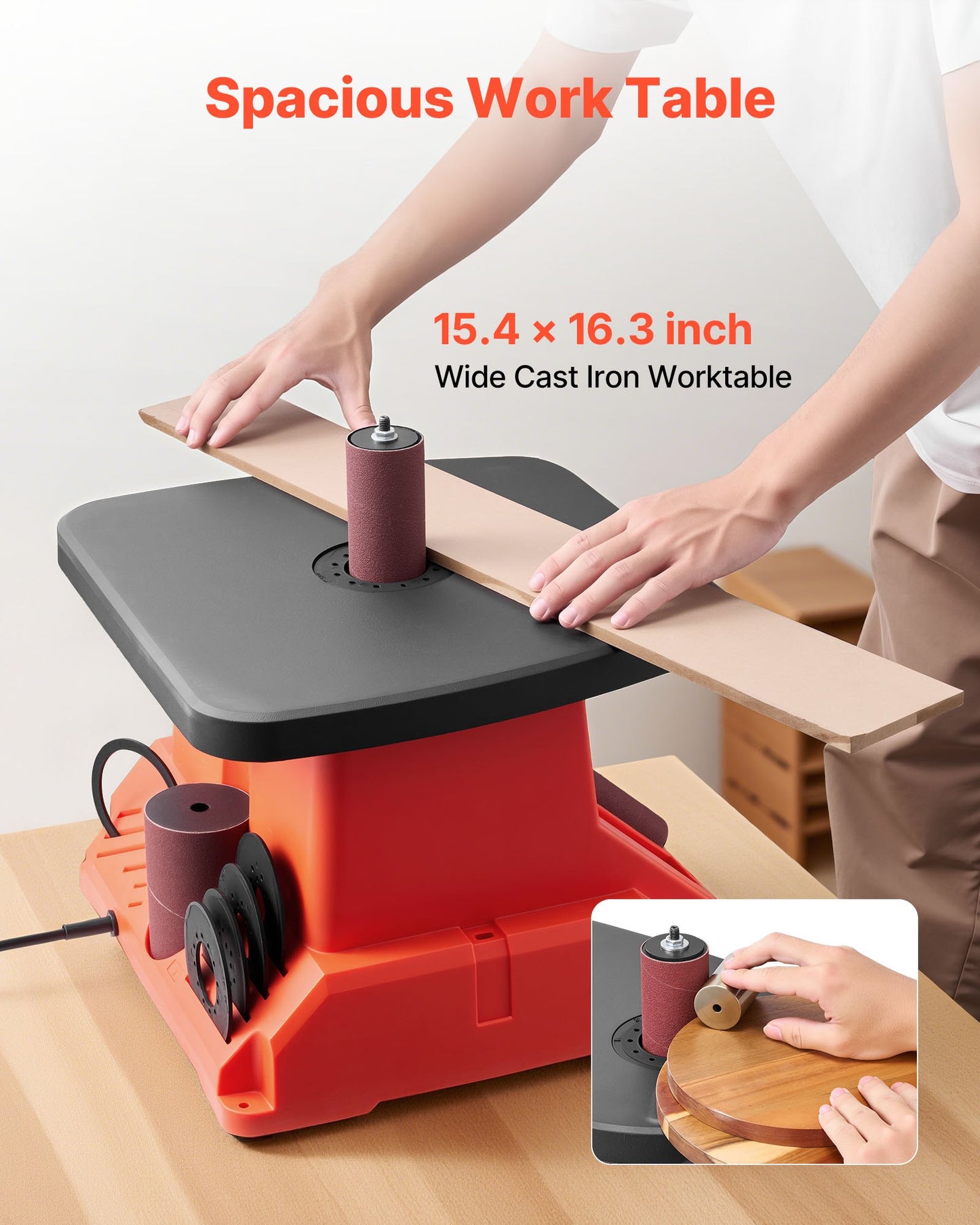 Oscillerande spindelslip, 2000 varv/min bänkspindelslip med 6 hylsor (12,7–76,2 mm), 16 mm slaglängd och 390 x 415 mm brett arbetsbord för möbelfinish, hantverksslipning, gör-det-själv-träbearbetning