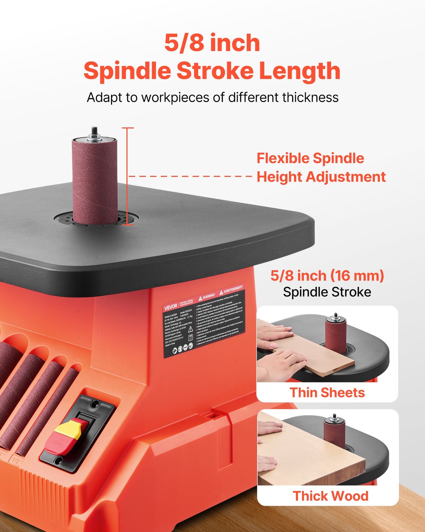 Oscillerande spindelslip, 2000 varv/min bänkspindelslip med 6 hylsor (12,7–76,2 mm), 16 mm slaglängd och 390 x 415 mm brett arbetsbord för möbelfinish, hantverksslipning, gör-det-själv-träbearbetning