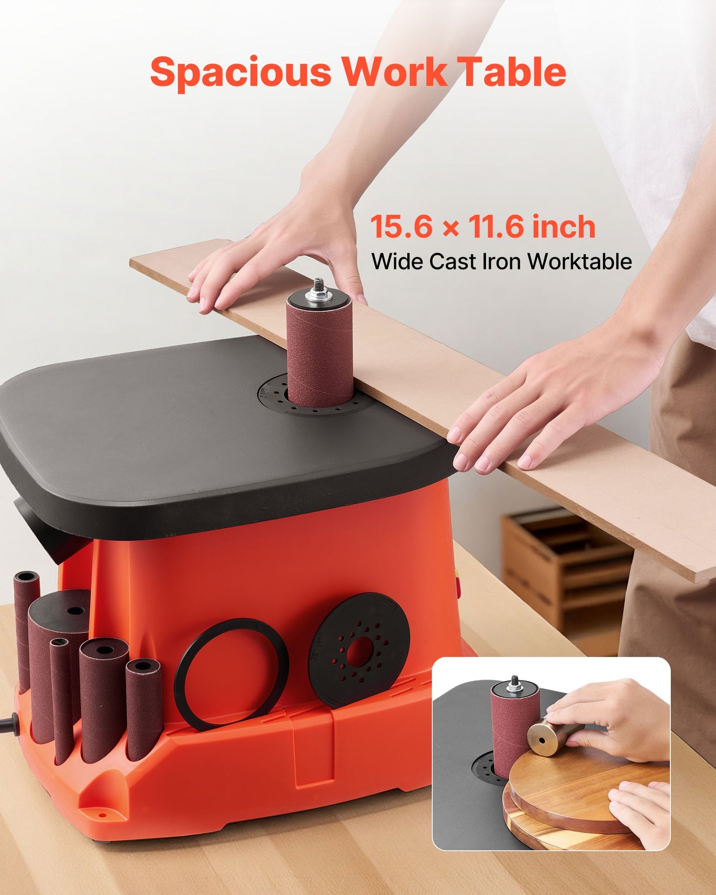 Oscillerande spindelslip, 2000 varv/min bänkspindelslip med 6 hylsor (12,7–76,2 mm), 16 mm slaglängd och 397 x 295 mm gjutjärnsbord för möbelfinish, hantverksslipning, gör-det-själv-träbearbetning