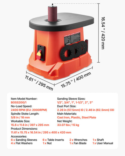 Oscillerande spindelslip, 2000 varv/min bänkspindelslip med 6 hylsor (12,7–76,2 mm), 16 mm slaglängd och 397 x 295 mm gjutjärnsbord för möbelfinish, hantverksslipning, gör-det-själv-träbearbetning
