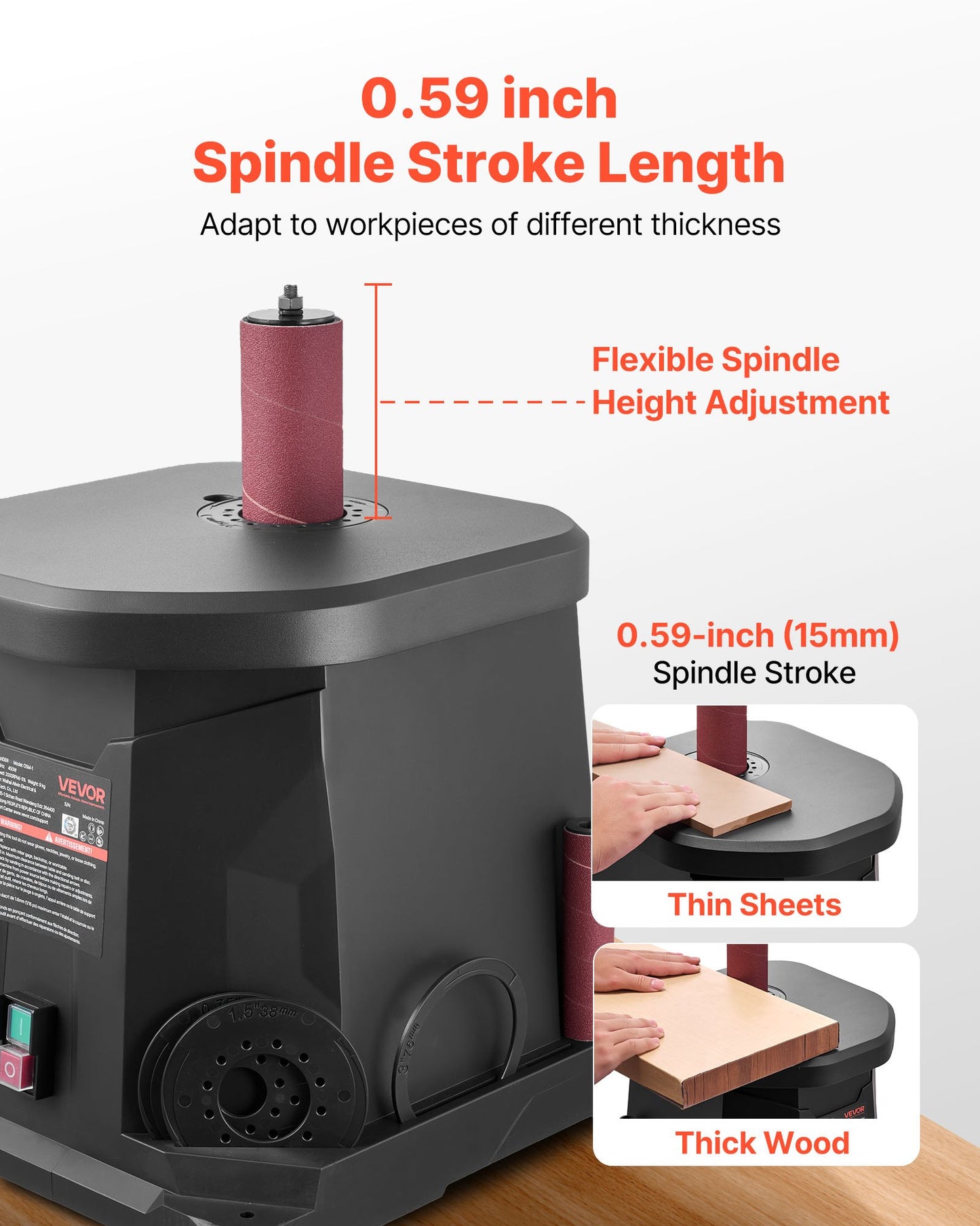 Oscillerande spindelslip, 2000 varv/min bänkspindelslip med 6 hylsor (12,7–76,2 mm), 15 mm slaglängd och dammanslutningsport för möbelfinish, hantverksslipning, gör-det-själv-träbearbetning