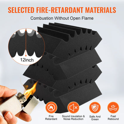 Akustiska skumpaneler, 4-pack 16,5 x 6,3 x 12 tum, självhäftande ljudisolerande väggpaneler med hög densitet, brandsäkra akustiska paneler, ljuddämpande paneler för studioväggar och tak, svarta