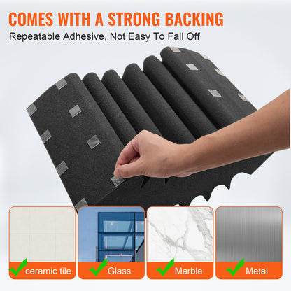 Akustiska skumpaneler, 4-pack 16,5 x 6,3 x 12 tum, självhäftande ljudisolerande väggpaneler med hög densitet, brandsäkra akustiska paneler, ljuddämpande paneler för studioväggar och tak, svarta