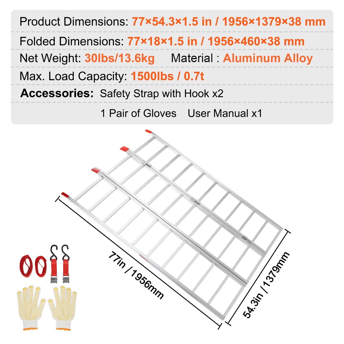 Aluminiumramper, 1500 lbs, Trippelvikbar ramp med lastremmar, Hopfällbar lastramp för motorcykel, traktor, ATV/UTV, lastbilar, gräsklippare, snöslunga, 77"L x 54"B, 1 st