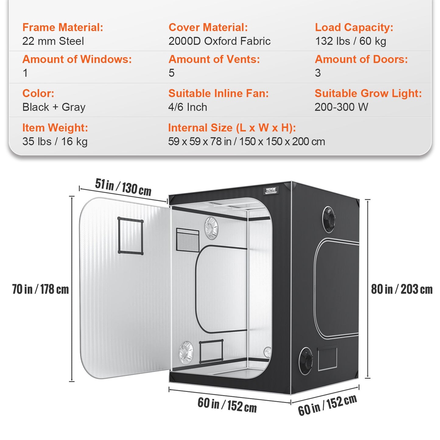 5x5 odlingstält, 1828,8 x 1828,8 x 2438,4 cm, högreflekterande hydroponiskt odlingstält i 2000D Mylar med observationsfönster, verktygsväska och golvbricka för odling av inomhusväxter